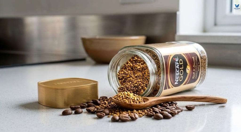 Glass jar of Nescafé Gold instant coffee granules displayed beside roasted coffee beans