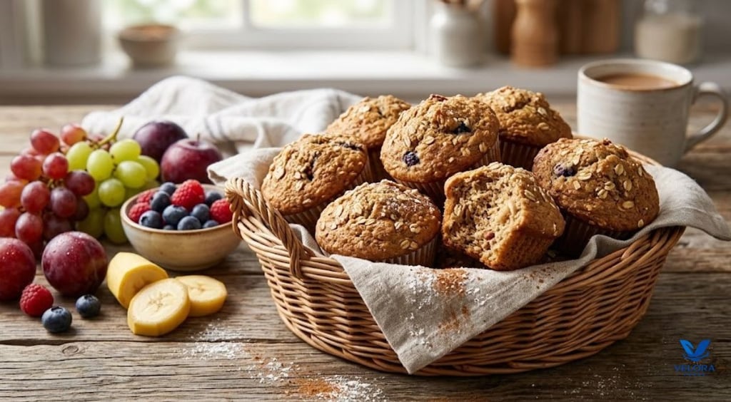 Oat, apple and whole wheat muffins for breakfast, made at home.