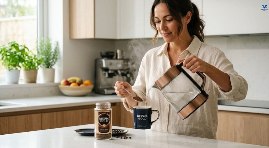 Preparing a cup of Nescafé Gold instant coffee with hot water and coffee granules