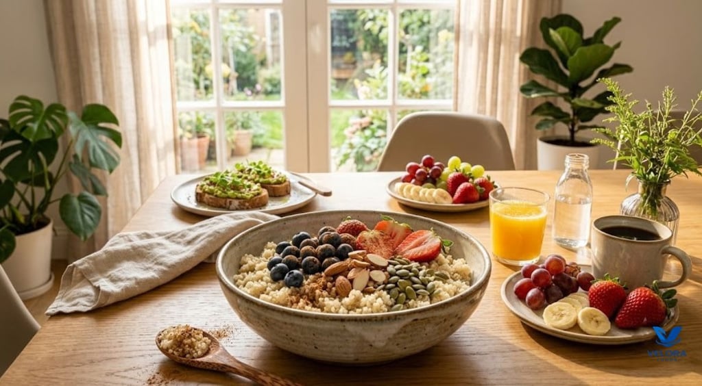 Quinoa breakfast bowl with berries and nuts for a high fiber breakfast.