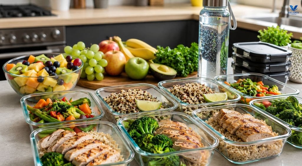 Weekly healthy meal prep with grilled chicken, quinoa, vegetables, fruit, and reusable food containe
