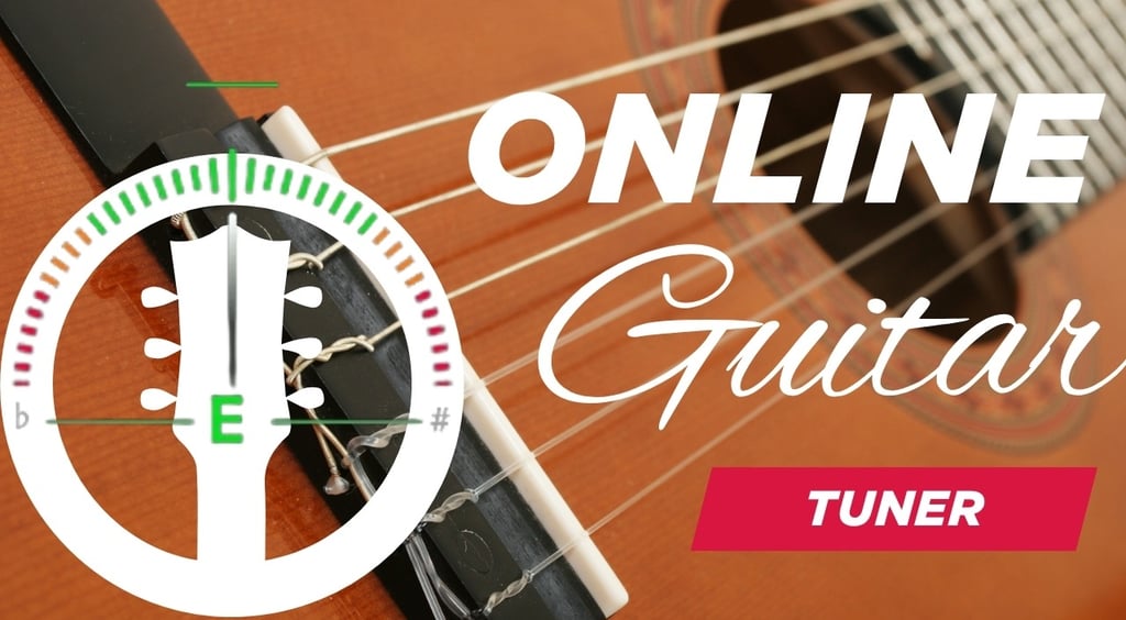 Close-up of an acoustic guitar with digital tuner interface for online guitar tuning.