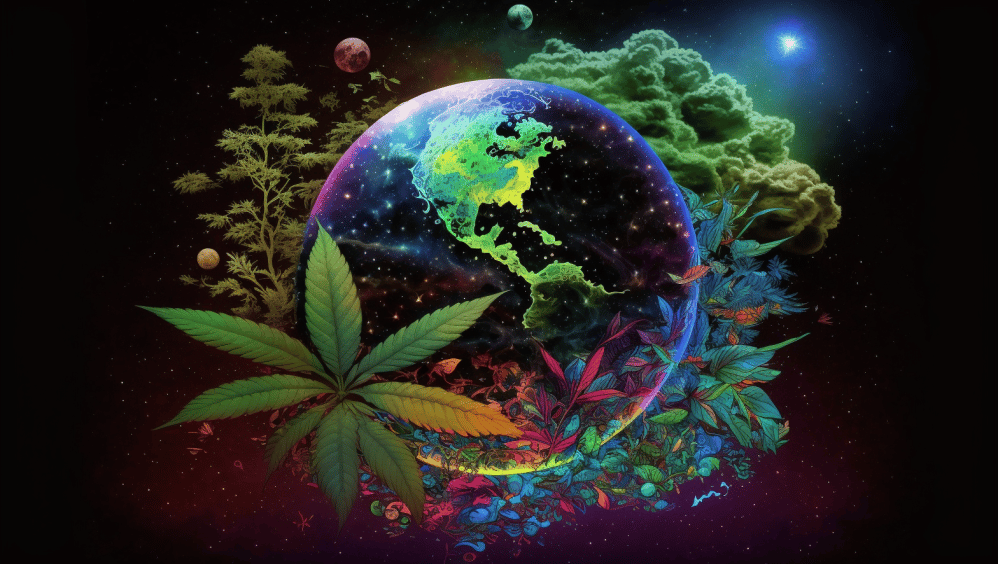 a globe with a cannabis leaf in the middle of it