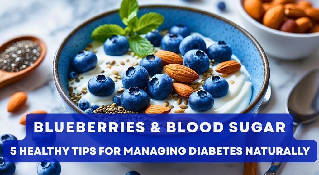 A bowl of blueberries with yogurt, almonds, and chia seeds on a white countertop.