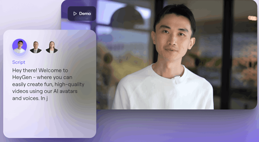 a man in a white shirt and a video script of HeyGen AI video demo