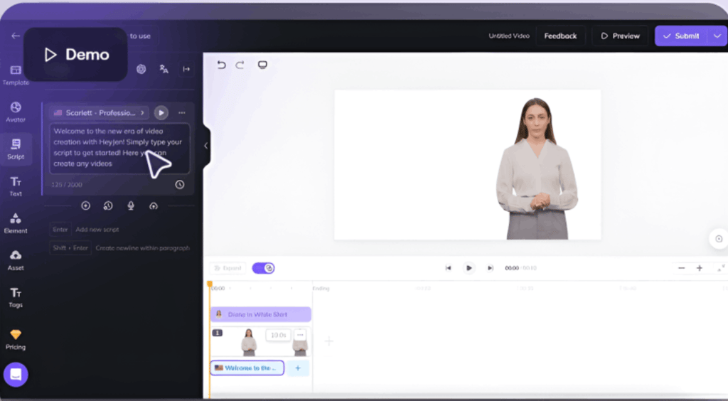 a woman in a white shirt and a white shirt standing in HeyGen Video demo dashboard