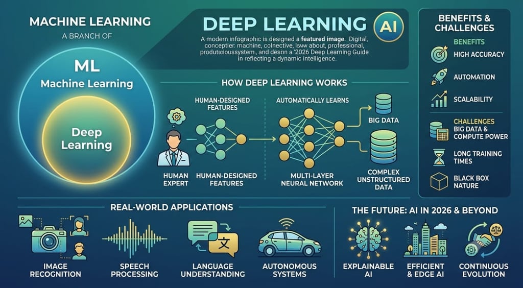 Deep learning and machine learning infographic explaining neural networks, AI benefits, and real-world applications.