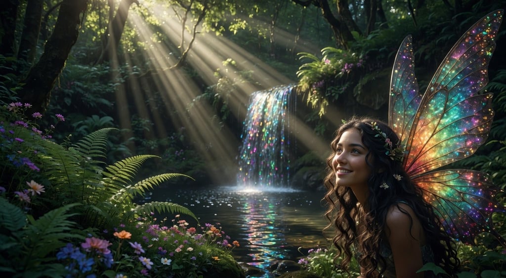 Magical fairy with glowing rainbow wings smiling in a sunlit forest by a sparkling waterfall.