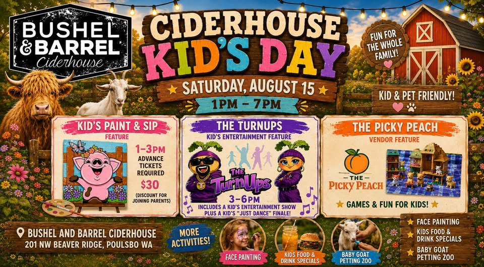 Ciderhouse Kid's Day event poster featuring a petting zoo, paint and sip, and family activities at Bushel and Barrel.