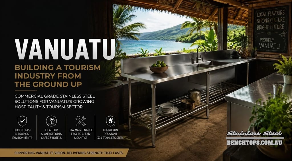 Open-air restaurant wash station featuring durable stainless steel benches Vanuatu.