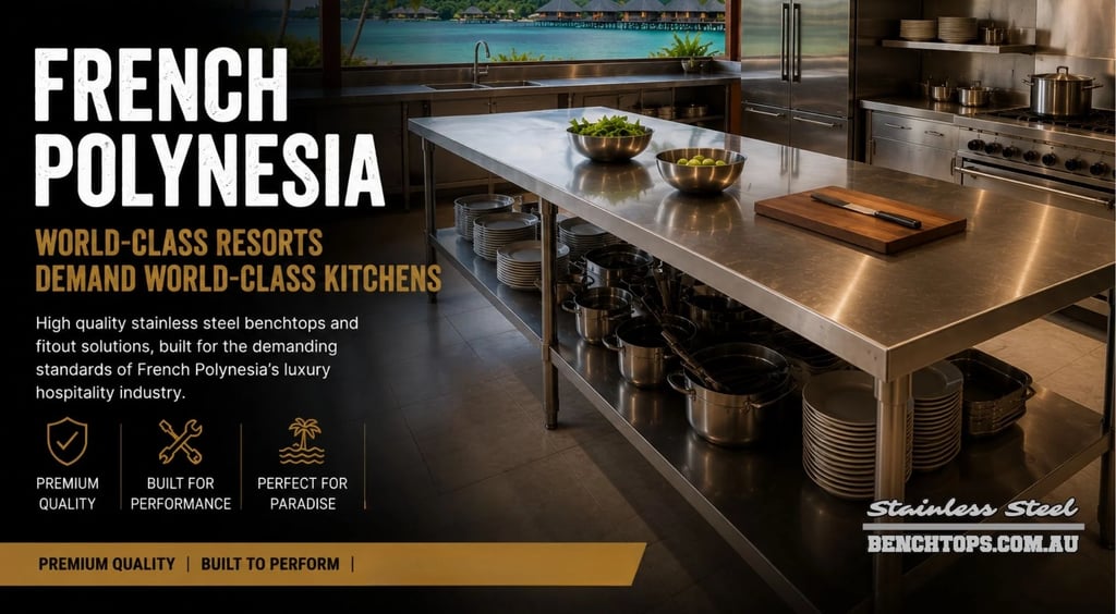 Commercial kitchen prep island and stainless steel Benches French Polynesia overlooking a resort lagoon.