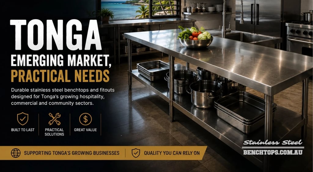 Heavy-duty kitchen island setup featuring stainless steel Benches Tonga.
