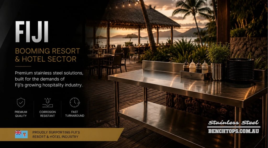 Premium restaurant work table and stainless steel benches Fiji overlooking a resort.