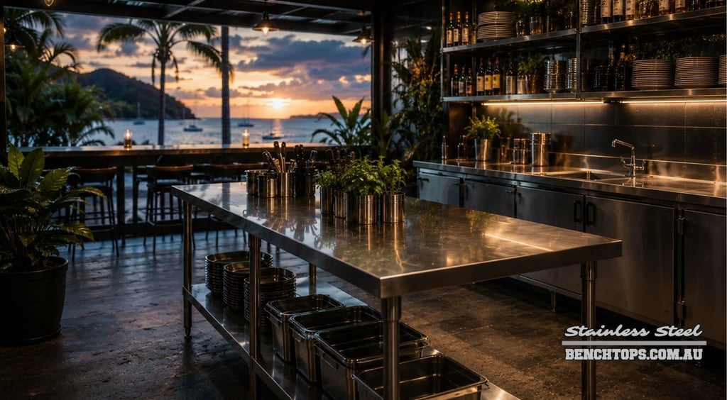 Commercial kitchen prep island and stainless steel Benches New Caledonia overlooking the ocean.