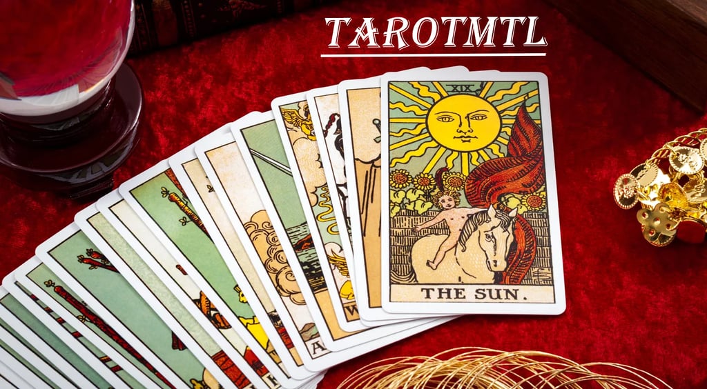 a tarot deck on a red velvet table