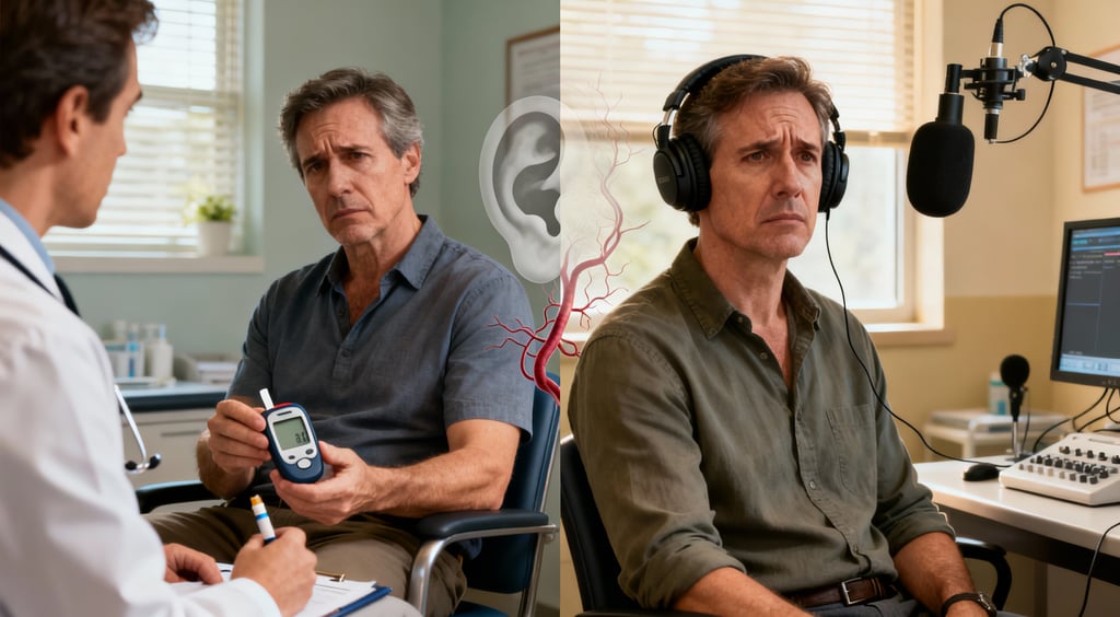 Diabetes e perda auditiva: homem em consulta médica com glicosímetro e teste auditivo com fones