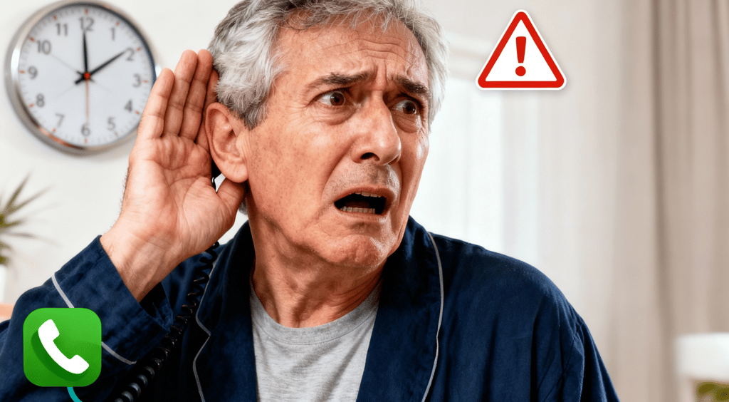 Homem idoso recebendo chamada urgente: perda auditiva súbita requer ação nas primeiras 72 horas