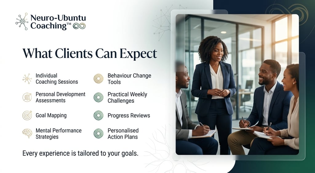 Professional group coaching session infographic for Neuro-Ubuntu Coaching outlining personal development services.