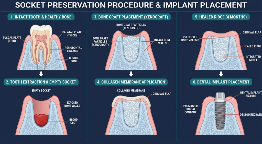 Diagram showing dental socket preservation procedure from tooth extraction and bone graft to implant placement.