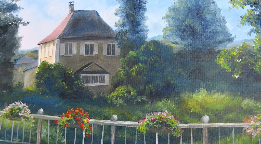 a painting of a house with a fence and flowers