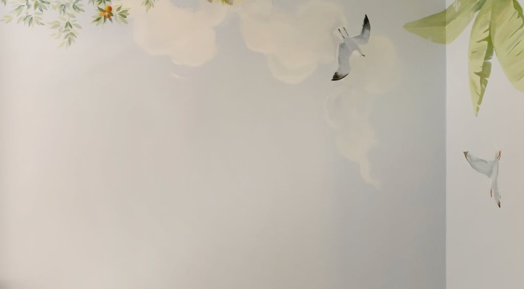 Hand-painted nursery mural sky with seagulls, clouds, and soft morning light — part of an Australian wildlife theme