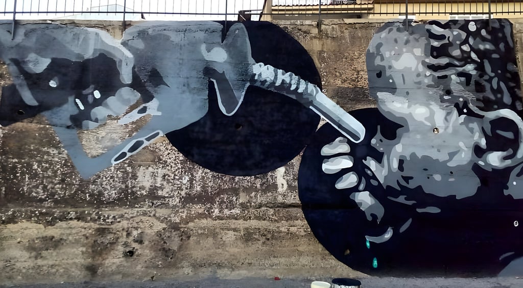 Monochrome mural depicting a child drinking from a fuel pump hose, a social awareness artwork create