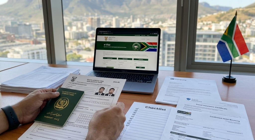 Pakistani traveler preparing South Africa visa documents, including passport, bank statements