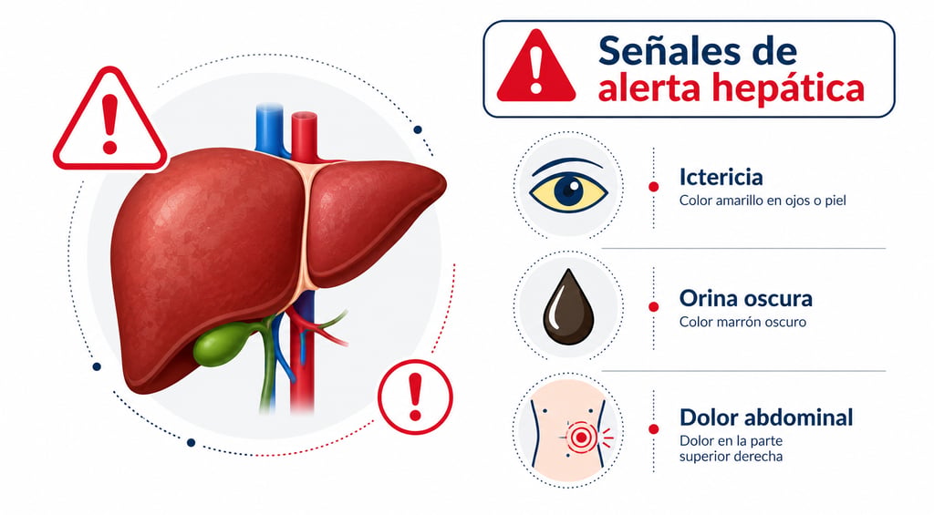  Ilustración médica del hígado con señales de alerta de hepatotoxicidad