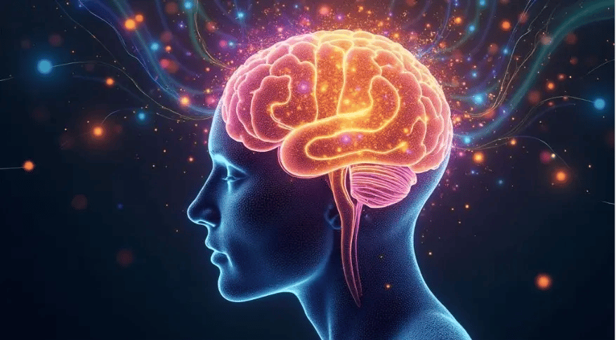 “Side profile of head with glowing brain and colorful neural sparks, illustrating consciousness and creative thinking.”