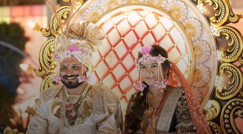 Happy wedding couple at Omkar Garden Mangal Karyalaya, Kondhwa Pune