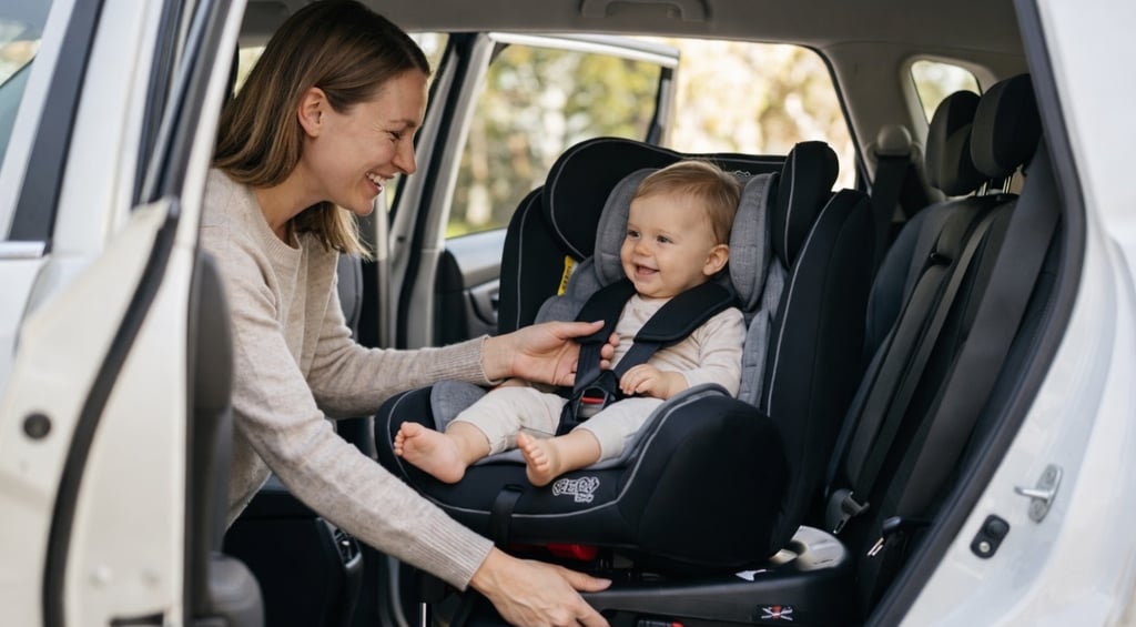 Bebê sentado em cadeira de carro 360 com sistema Isofix enquanto mãe ajusta o cinto