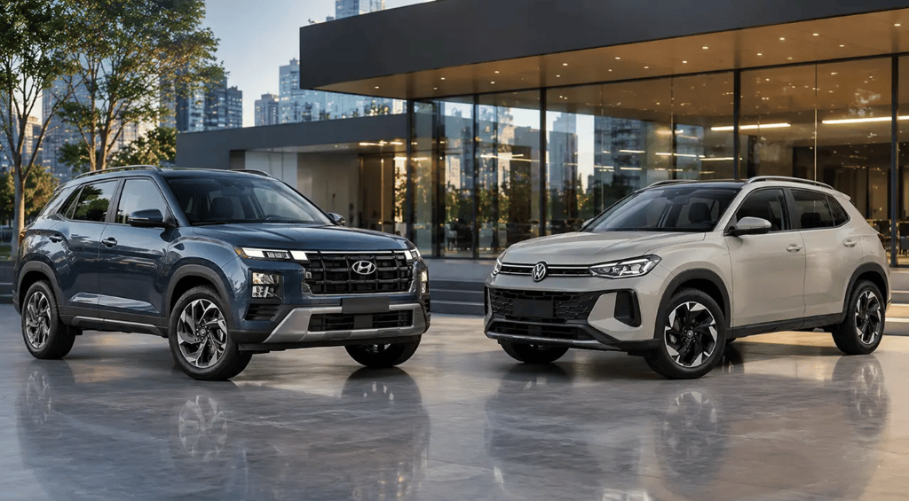 Hyundai Creta e Volkswagen Tera em showroom urbano externo