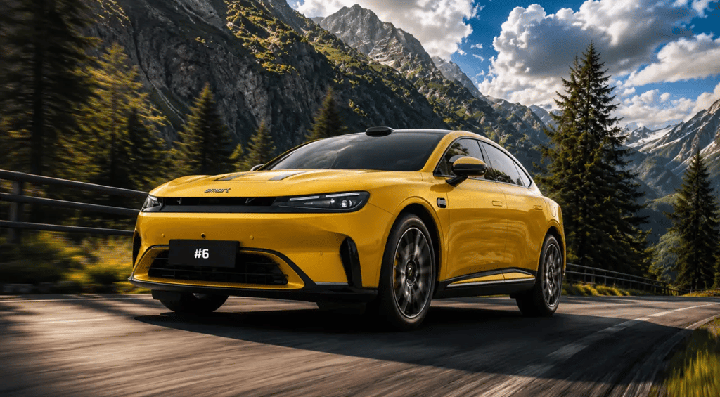 Smart #6 EHD amarelo em estrada de montanha, novo sedã híbrido com autonomia de até 1.810 km
