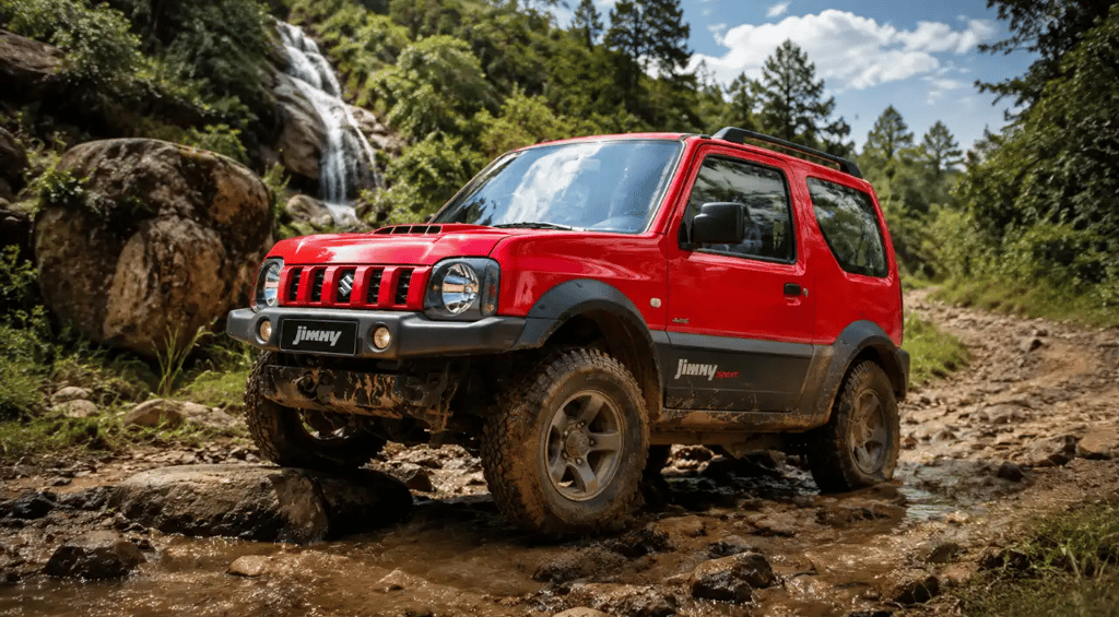 Suzuki Jimny 4Sport vermelho em trilha off-road com tração 4x4 e cenário de aventura
