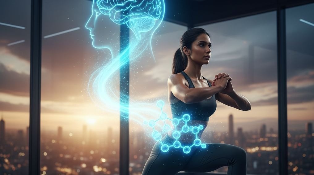 कसरत करते व्यक्ति के शरीर में Lac-Phe अणु बनने की प्रक्रिया को दर्शाता वैज्ञानिक चित्र।