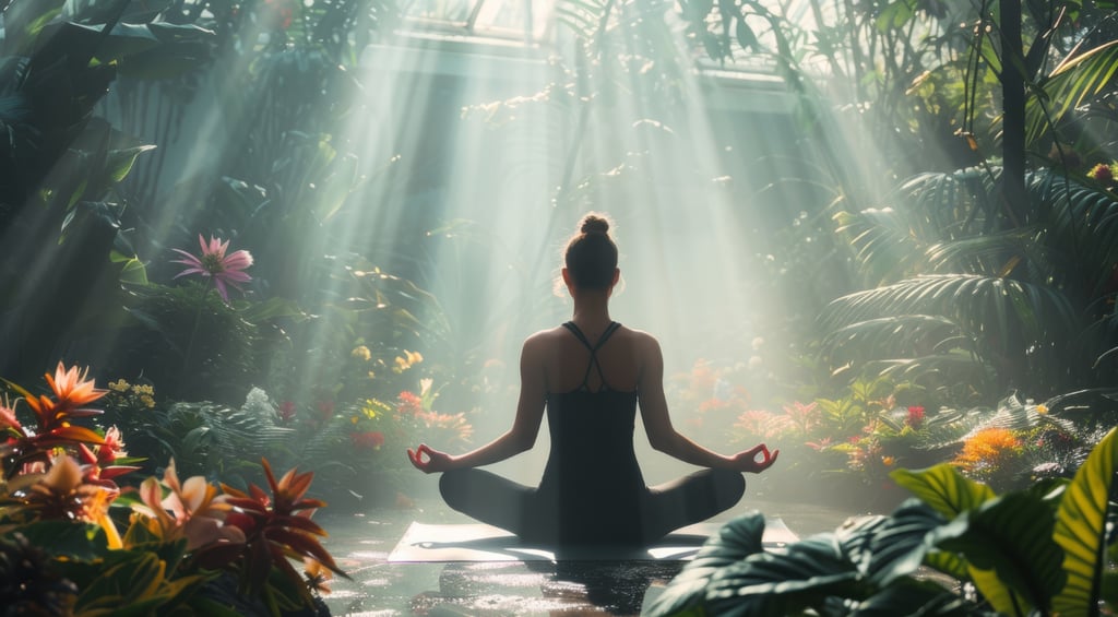 a woman sitting in a lotus position in a garden practicing spiritual wellness