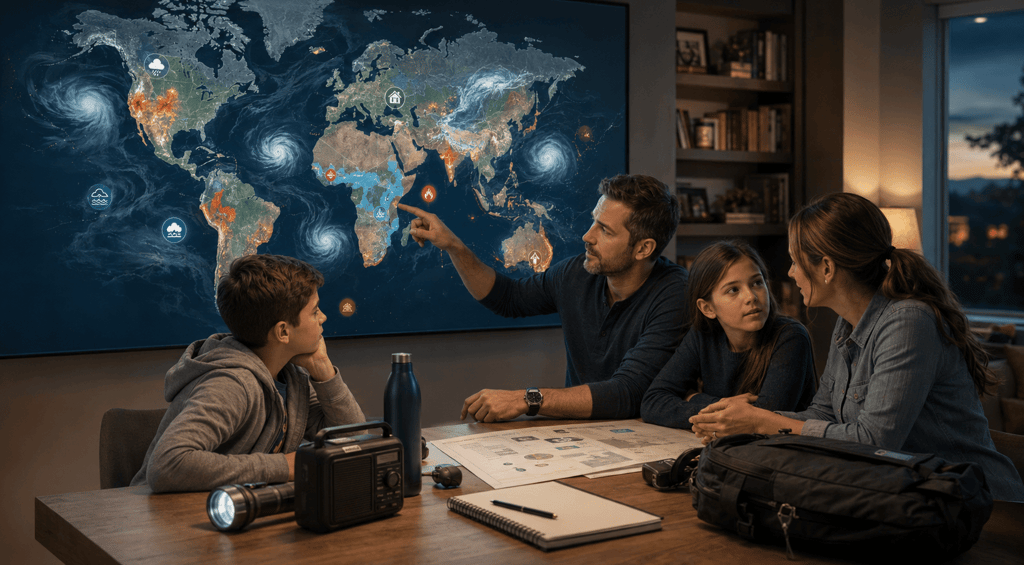 A family studies a global weather map with hurricane and wildfire icons on a large screen.