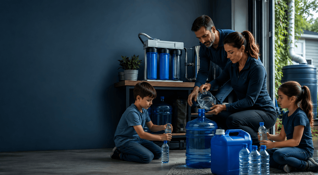 A family using a multi-stage water filtration system to fill large storage jugs for emergency preparedness.