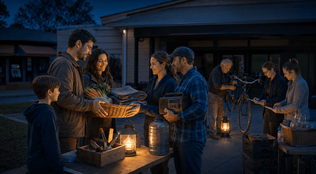 Neighbors exchange a basket of vegetables and emergency supplies by lantern light at night.