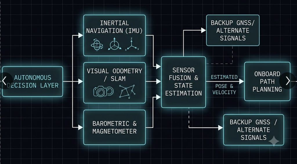 Diagram of an autonomous navigation system showing sensor fusion, SLAM, and onboard path planning architecture.