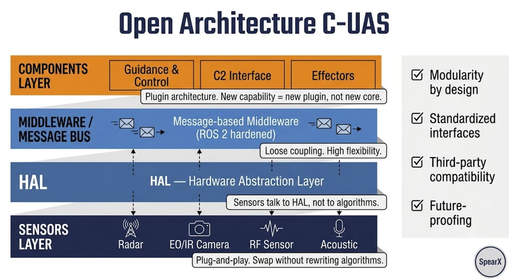 Diagram of Open Architecture C-UAS showing sensor layers, HAL, and message-based middleware for drone defense.
