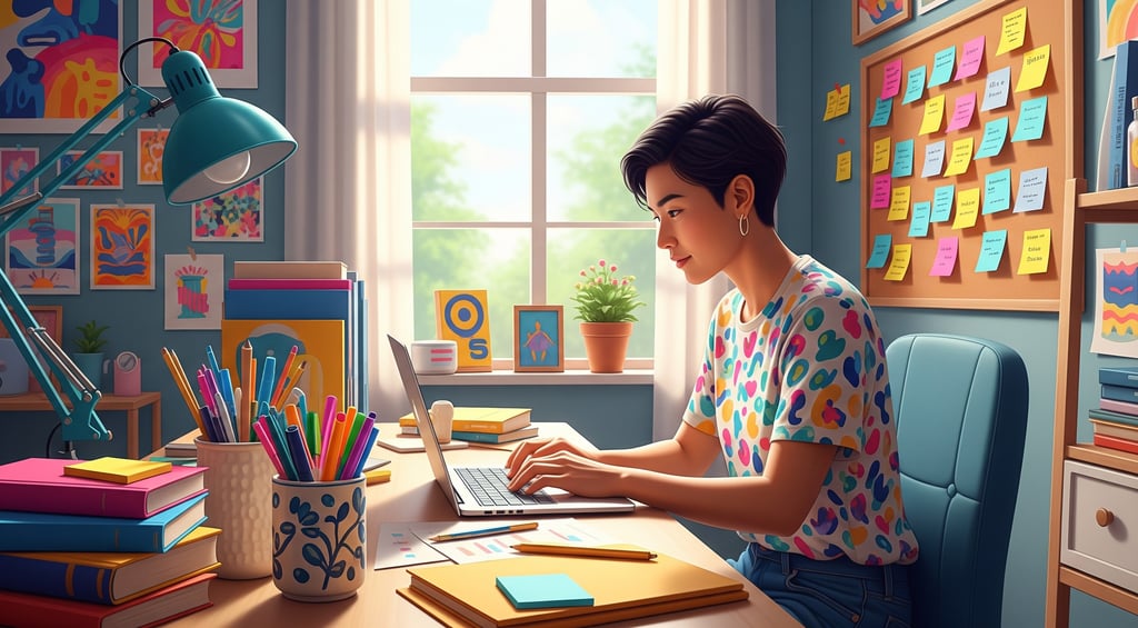 Young freelancer working at a colorful desk in a bright home office