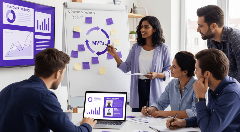 An image of a diverse team of entrepreneurs discussing market research, MVPs, and customer feedback.