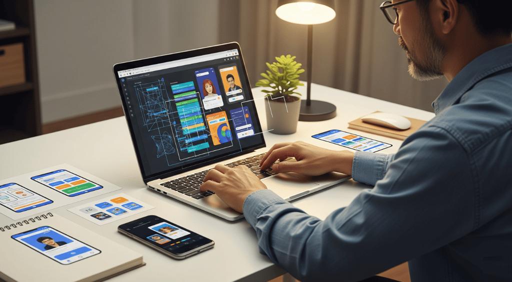 Man working on a no-code app on a laptop.