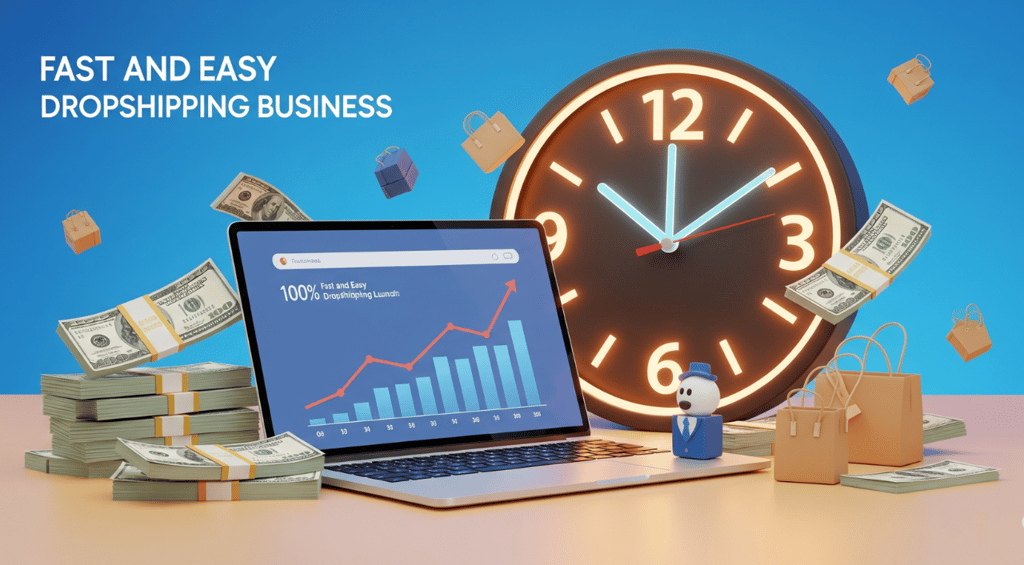 Laptop with money, clock, and graphs representing fast dropshipping business launch.