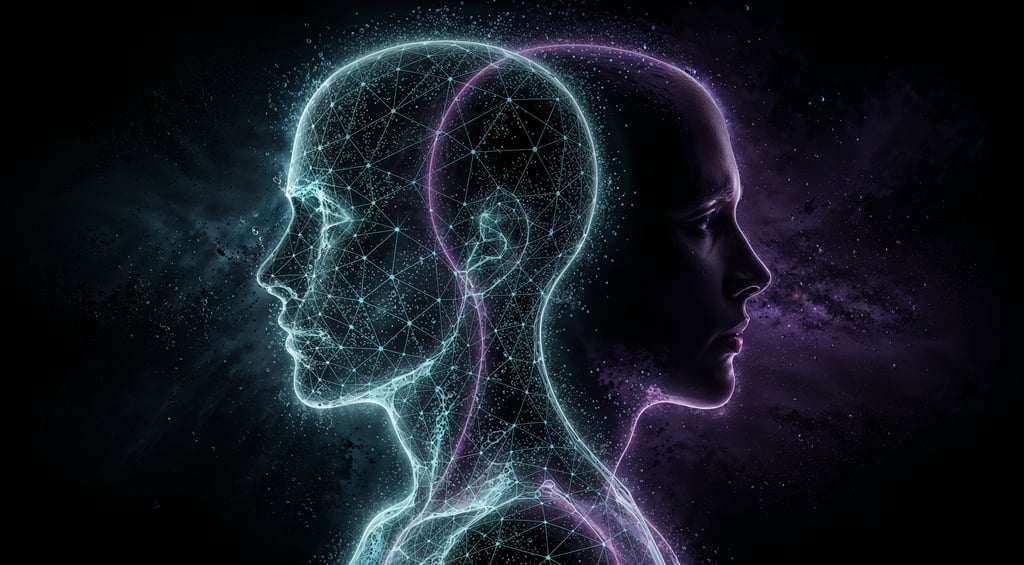 Digital profile of a glowing blue wireframe human head juxtaposed with a realistic purple silhouette in space.