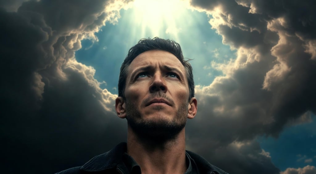Christian man seeking freedom from porn addiction under heavenly light breaking through darkness.