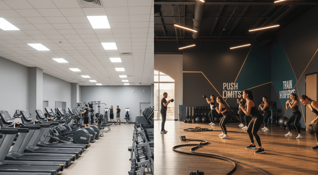 Split view showing generic gym floor versus boutique training zone in same facility