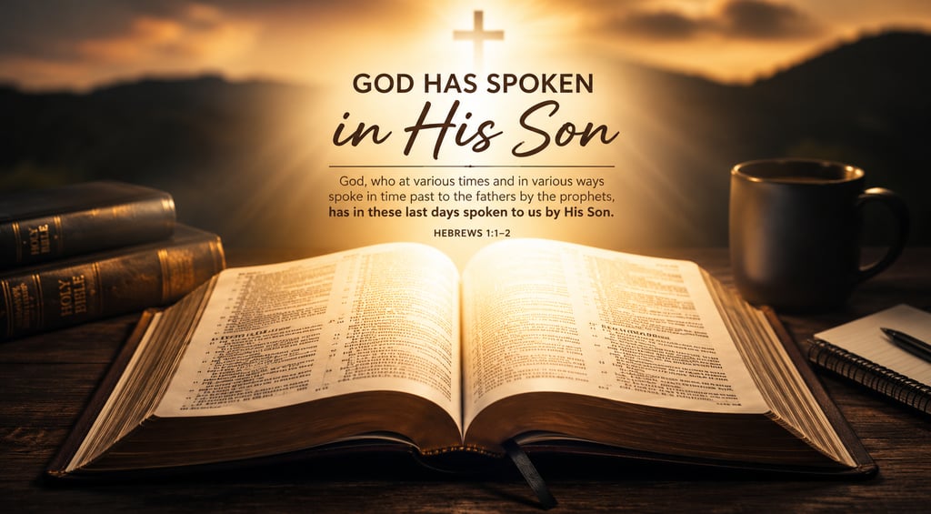 Open Bible on a wooden desk with Hebrews 1:1-2 scripture text over a glowing sunset background.