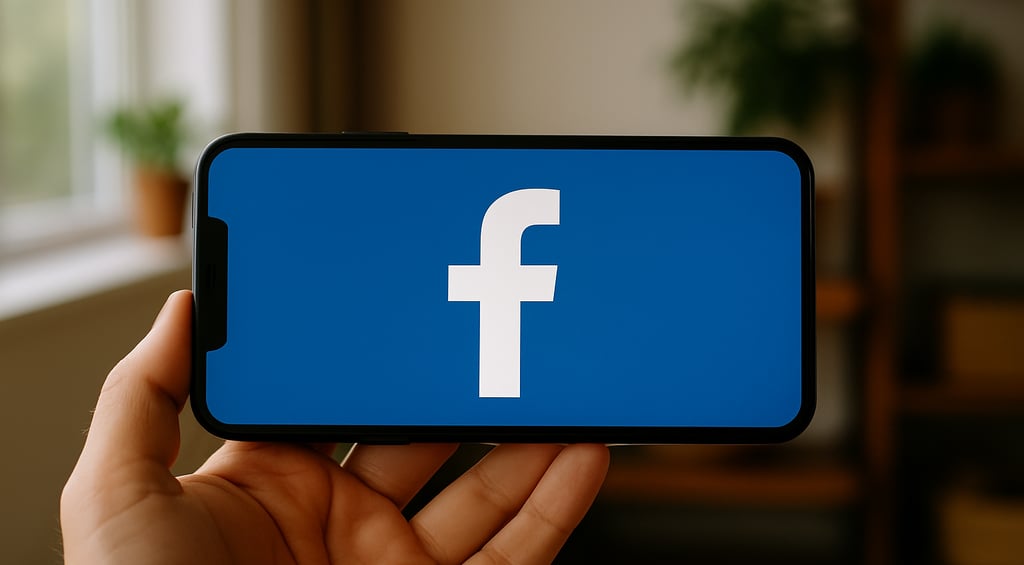 Pessoa segurando um smartphone na horizontal com a tela exibindo o logotipo do Facebook em destaque,
